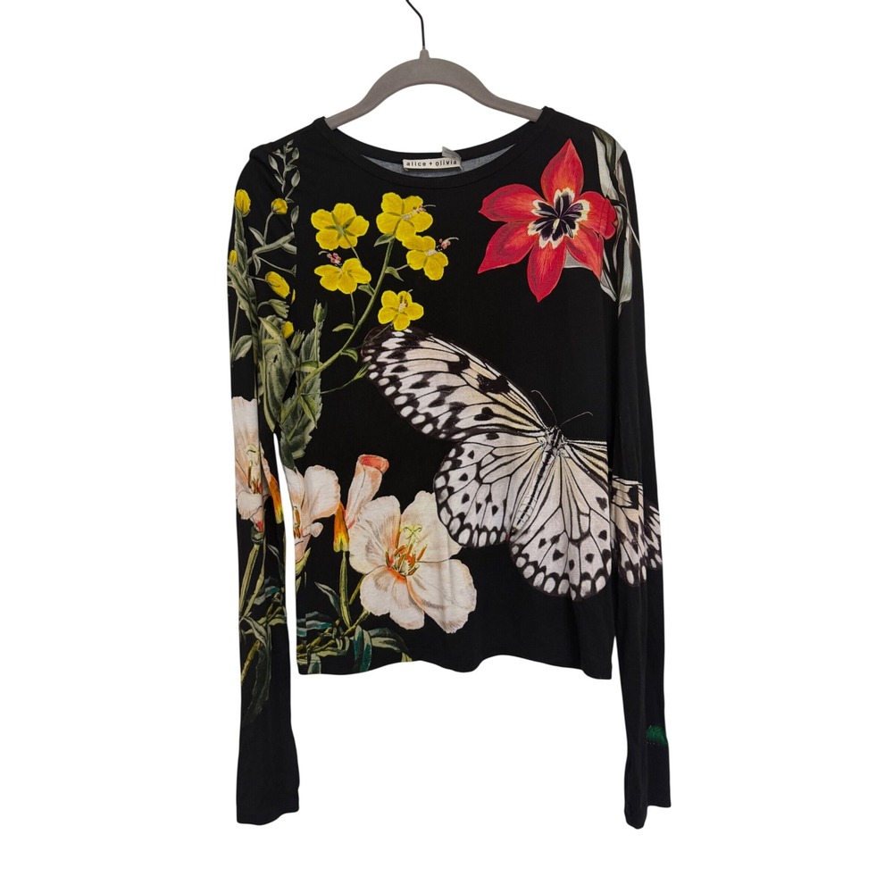 Alice + Olivia Butterfly Floral Long Sleeve Fitted Top Black M Retro Artsy